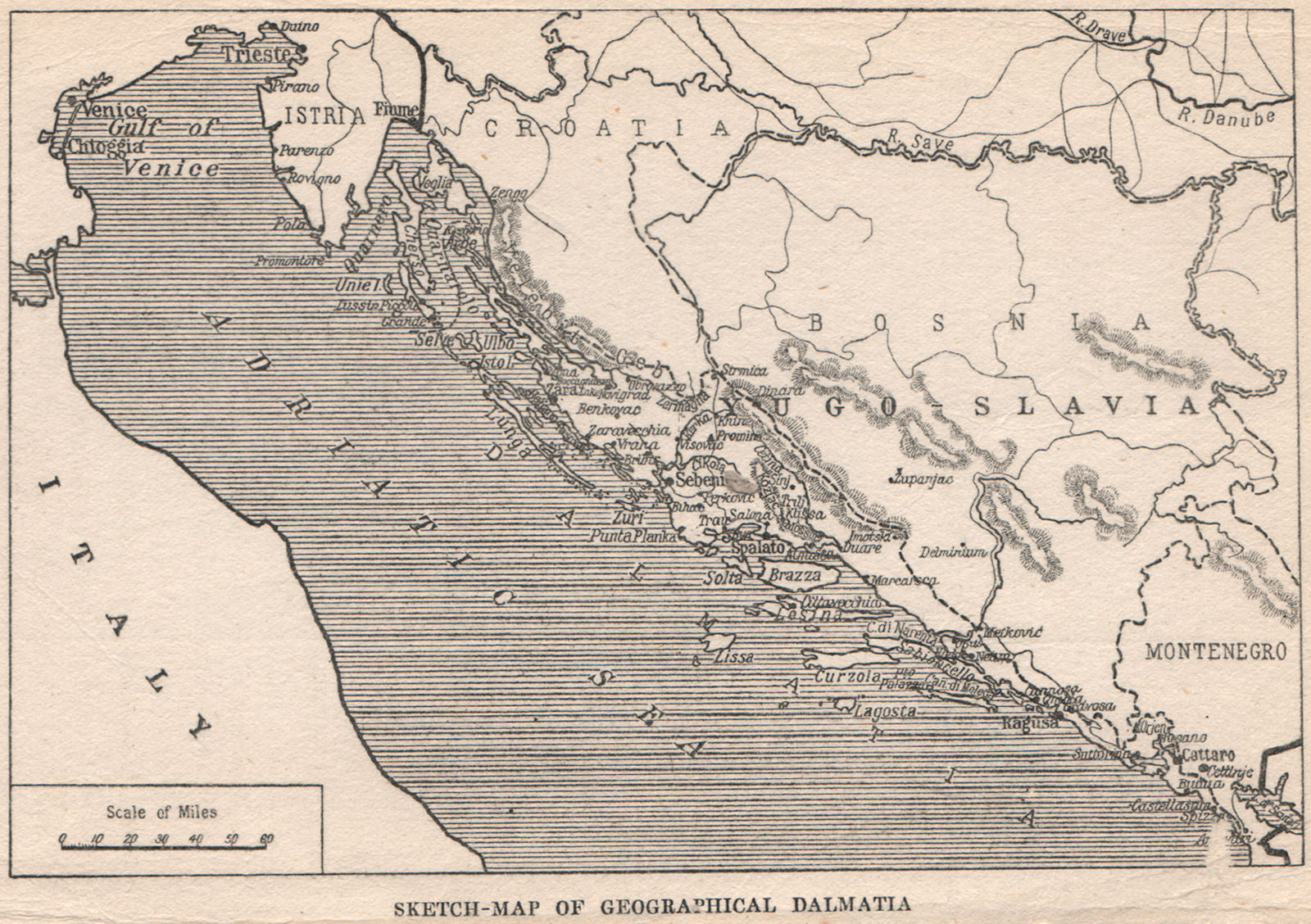 Sketch-Map of the Dalmatian coast, Croatia 1925 old vintage plan chart